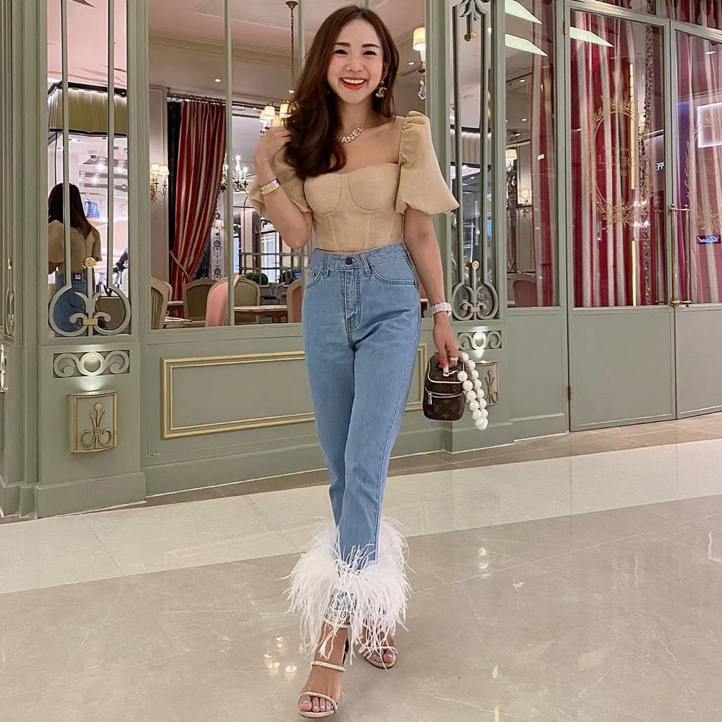 High Waist Loose Slim Pants with Ostrich Feather