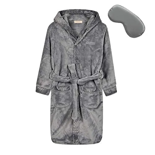Kids Soft Hooded Flannel Robe with Sleep Mask