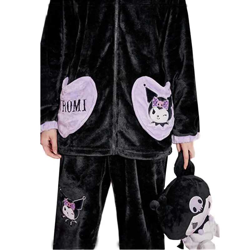 Kuromi Inspired Black Plush Hooded Pajama Set