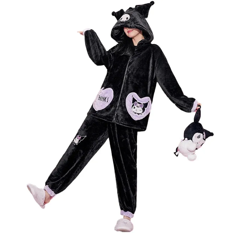 Kuromi Inspired Black Plush Hooded Pajama Set