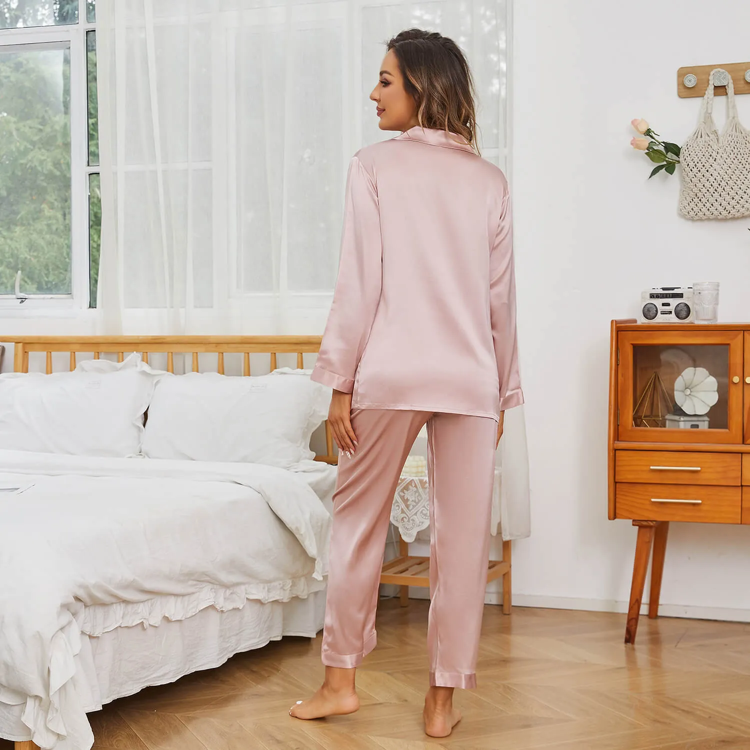 Kvinnor Long Silk Pyjamas Set Classic Luxury Silk Sleepwear