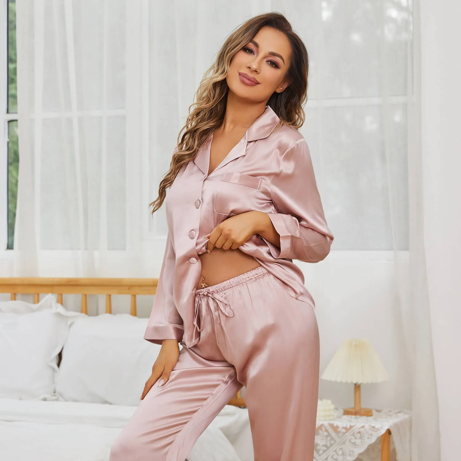 Kvinnor Long Silk Pyjamas Set Classic Luxury Silk Sleepwear