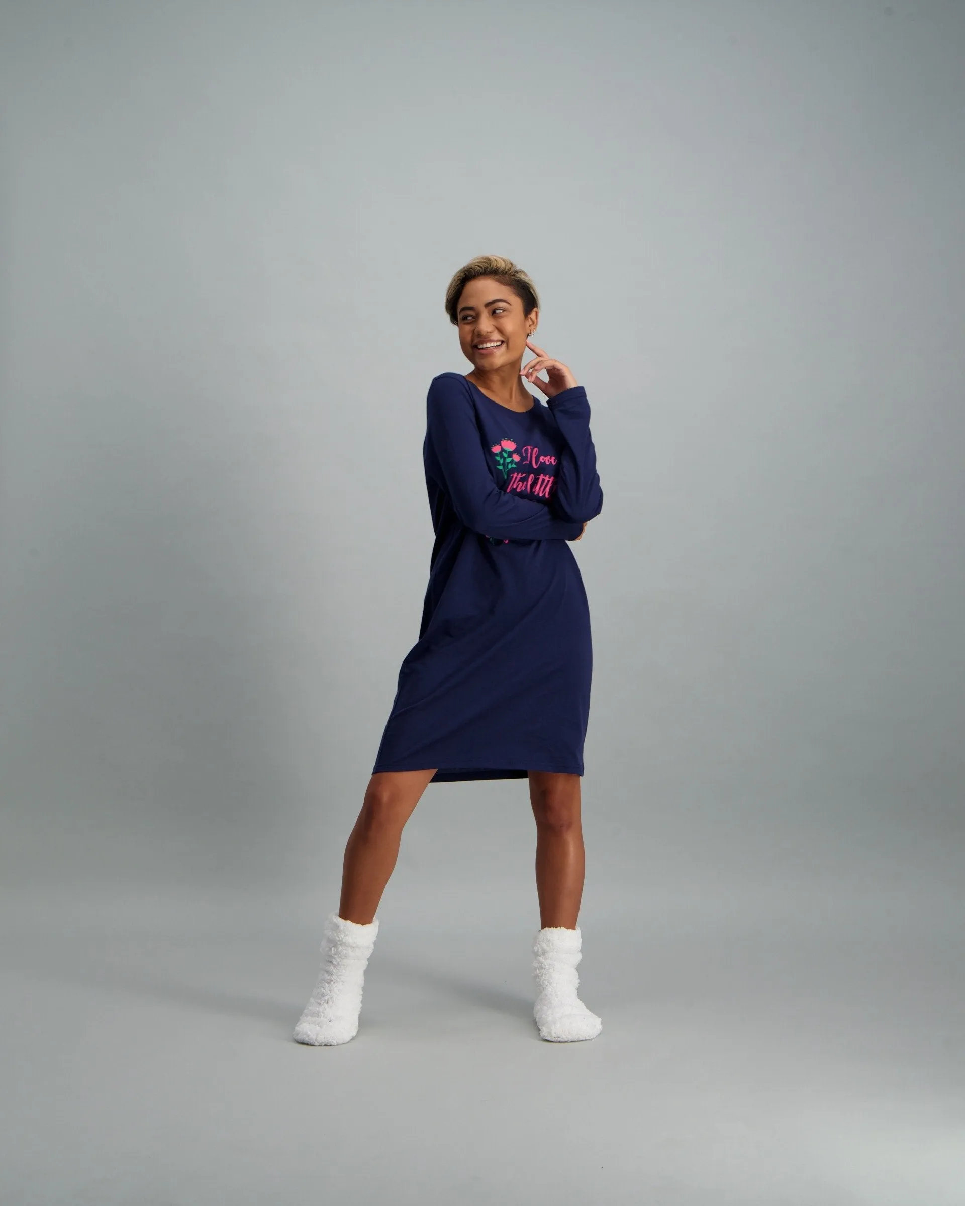 Ladies Long Sleeve Basic Sleepshirt - Blue