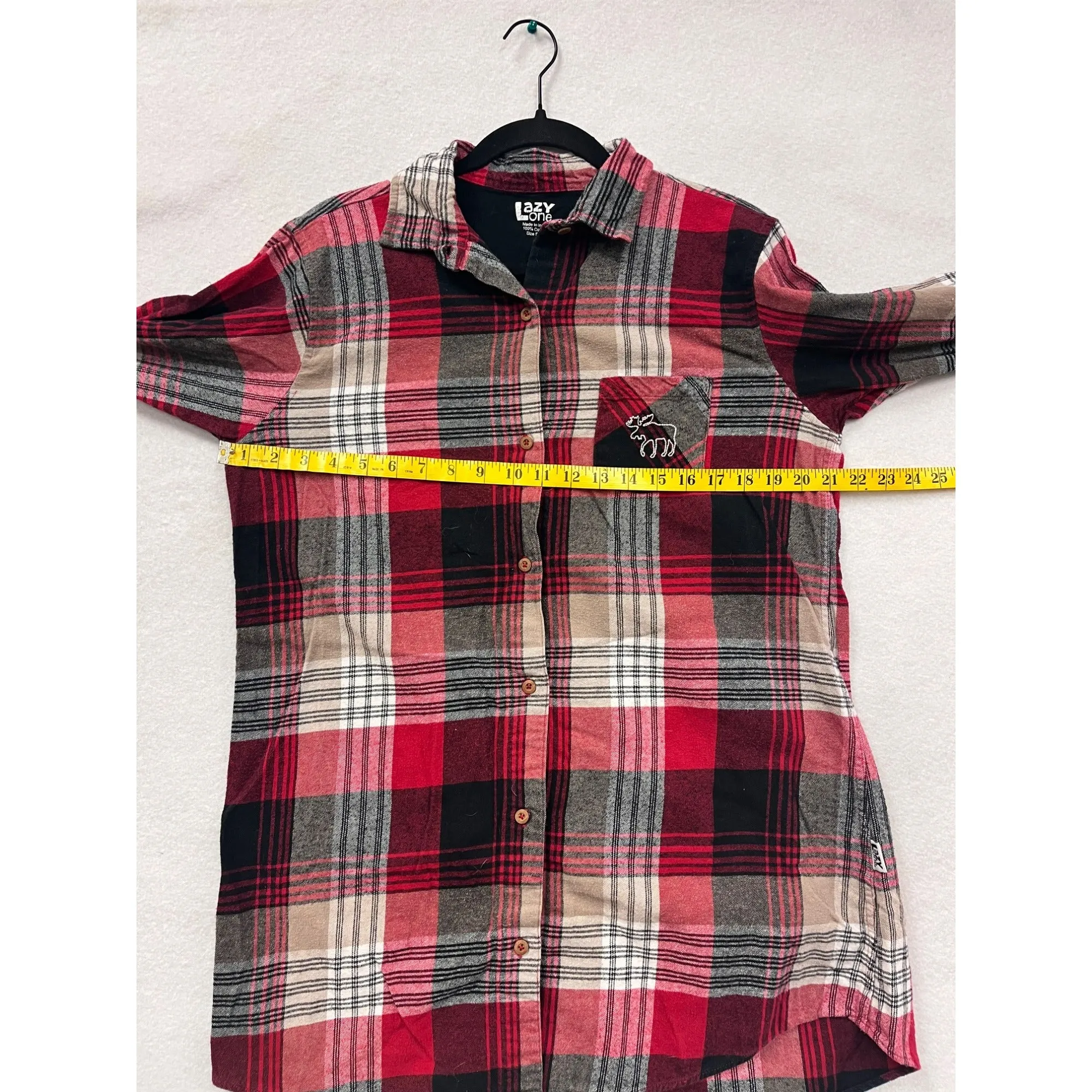 Lazy One Womens Red Plaid Flannel Nightshirt With Moose Pocket Embroidery #6083