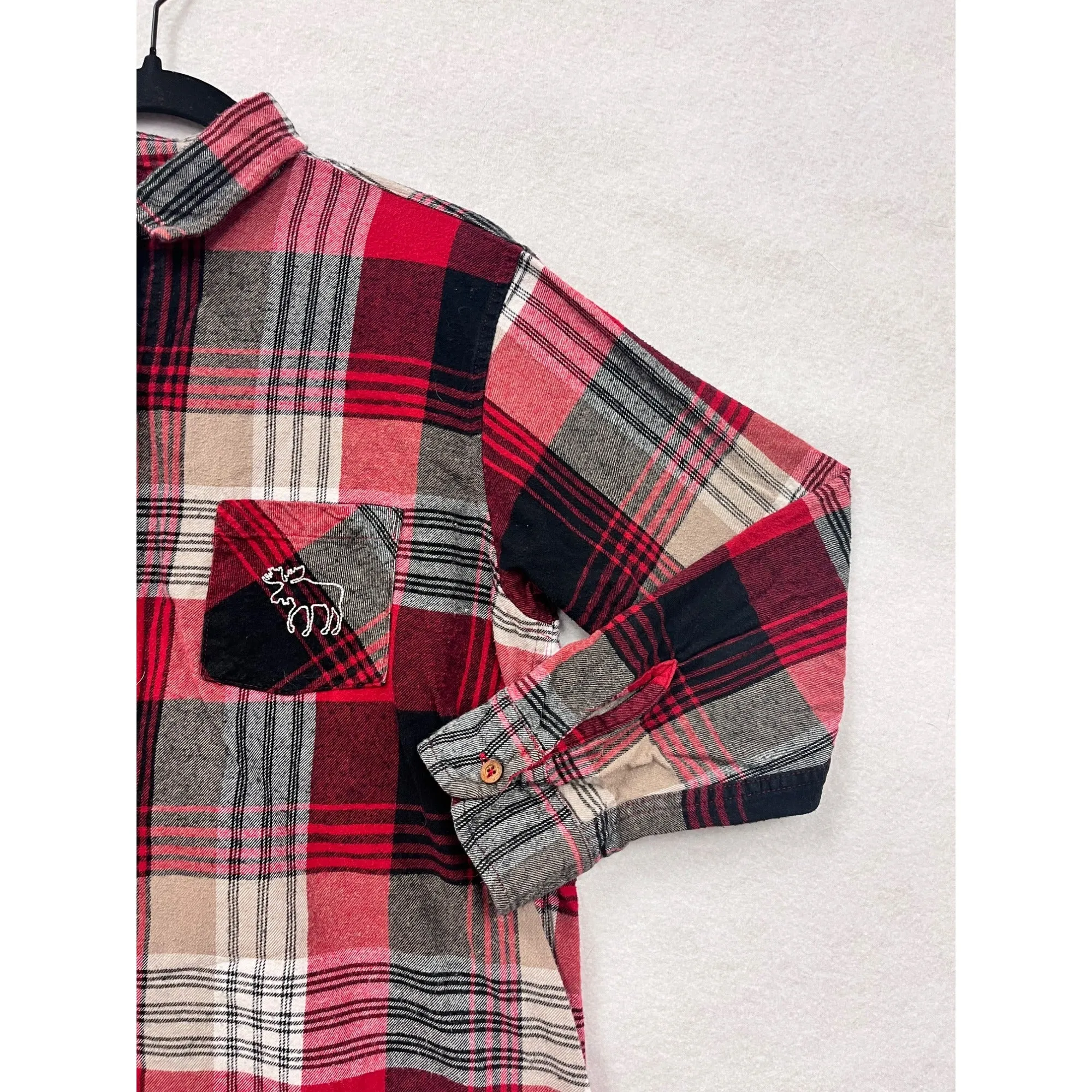 Lazy One Womens Red Plaid Flannel Nightshirt With Moose Pocket Embroidery #6083