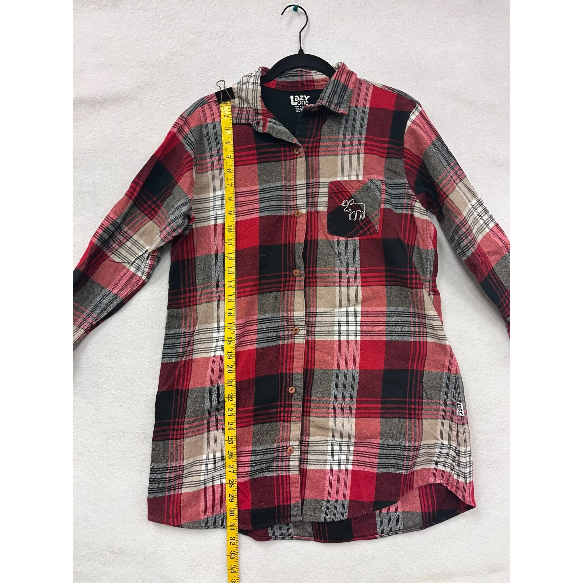 Lazy One Womens Red Plaid Flannel Nightshirt With Moose Pocket Embroidery #6083