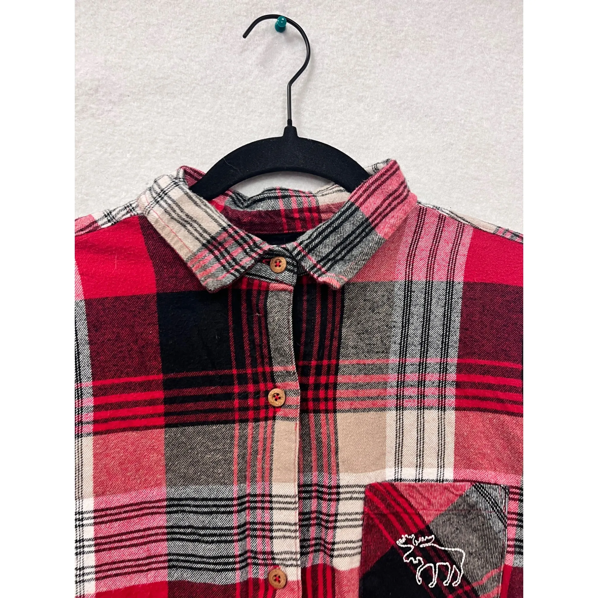 Lazy One Womens Red Plaid Flannel Nightshirt With Moose Pocket Embroidery #6083
