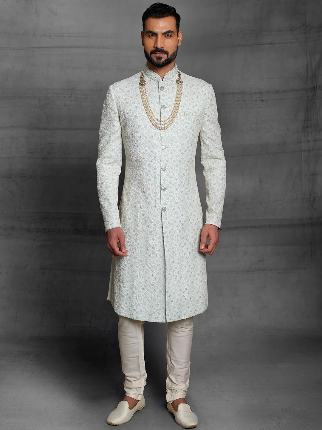 Light Blue Sherwani With Gold Zardoshi Work