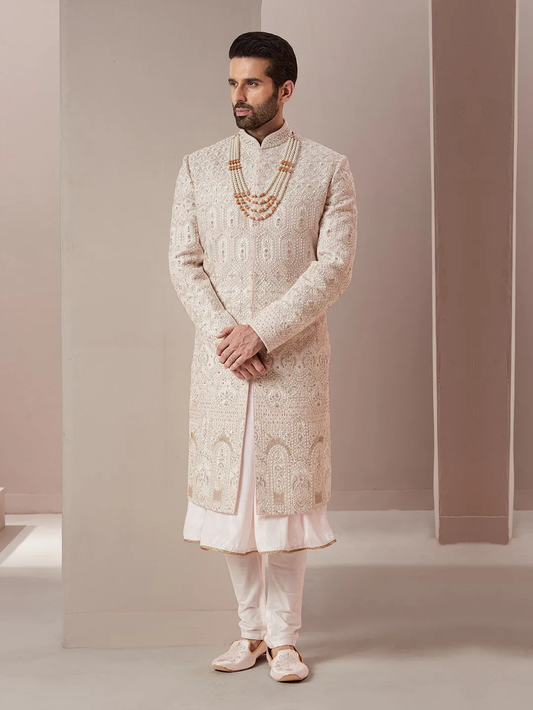 Light Pink Sherwani  with Golden Embroidery
