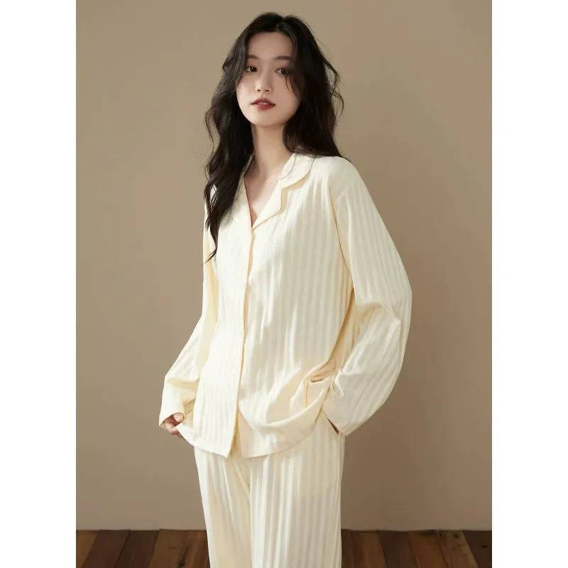 Long-Sleeve Cardigan Beige Stripes Pure Cotton Sleepwear Pajamas