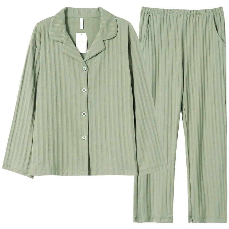 Long-Sleeve Cardigan Beige Stripes Pure Cotton Sleepwear Pajamas
