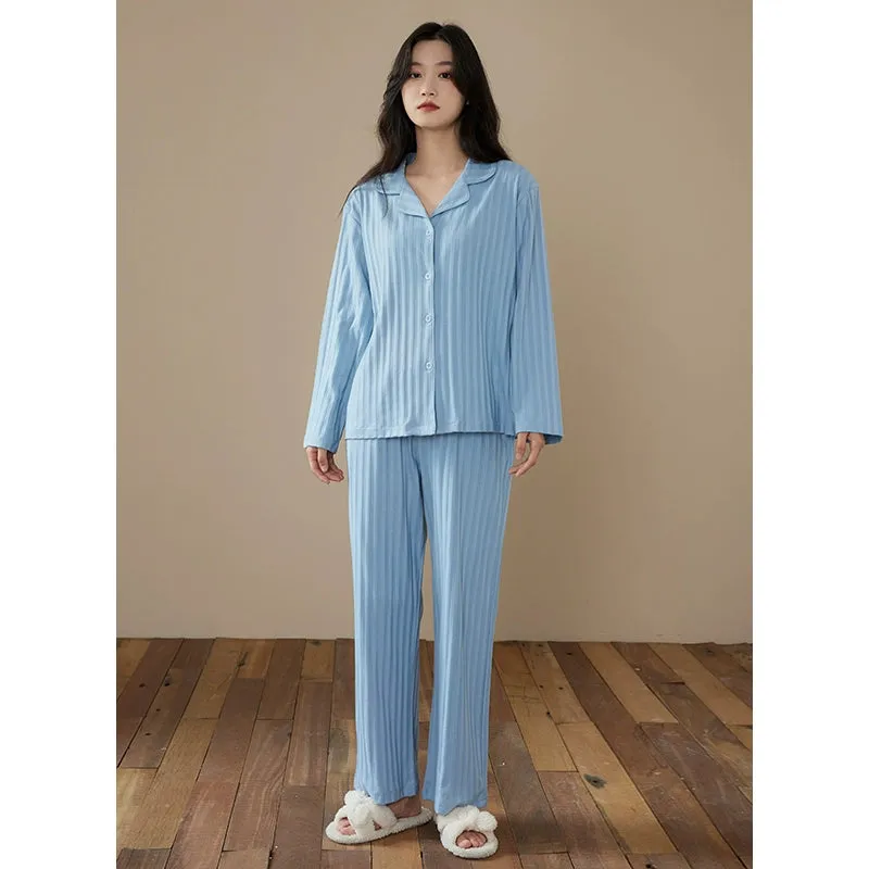 Long-Sleeve Cardigan Beige Stripes Pure Cotton Sleepwear Pajamas