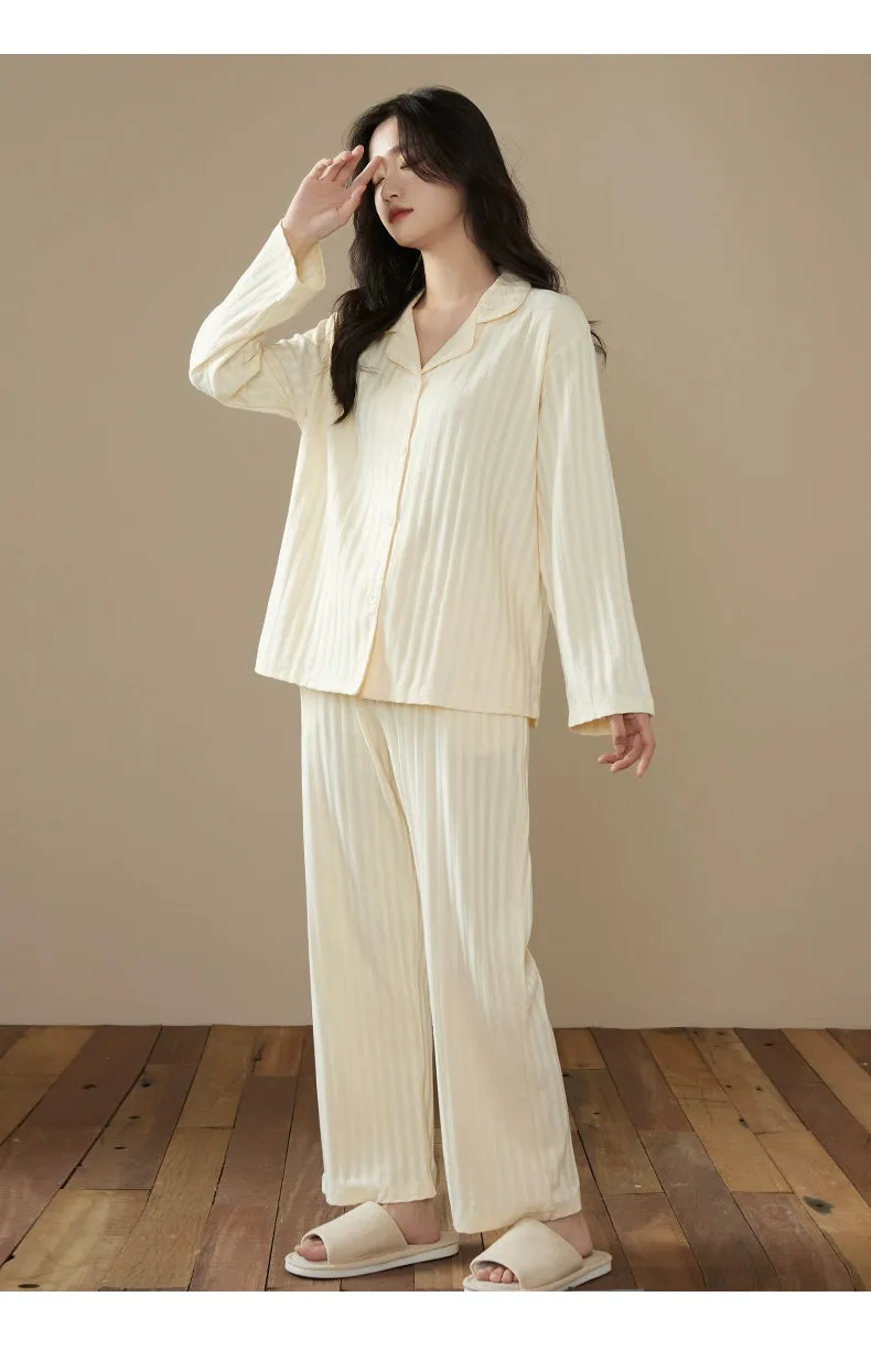 Long-Sleeve Cardigan Beige Stripes Pure Cotton Sleepwear Pajamas