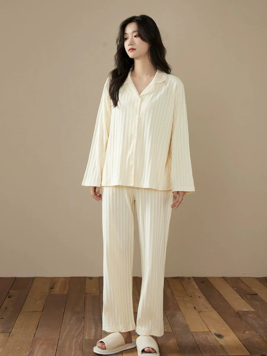 Long-Sleeve Cardigan Beige Stripes Pure Cotton Sleepwear Pajamas