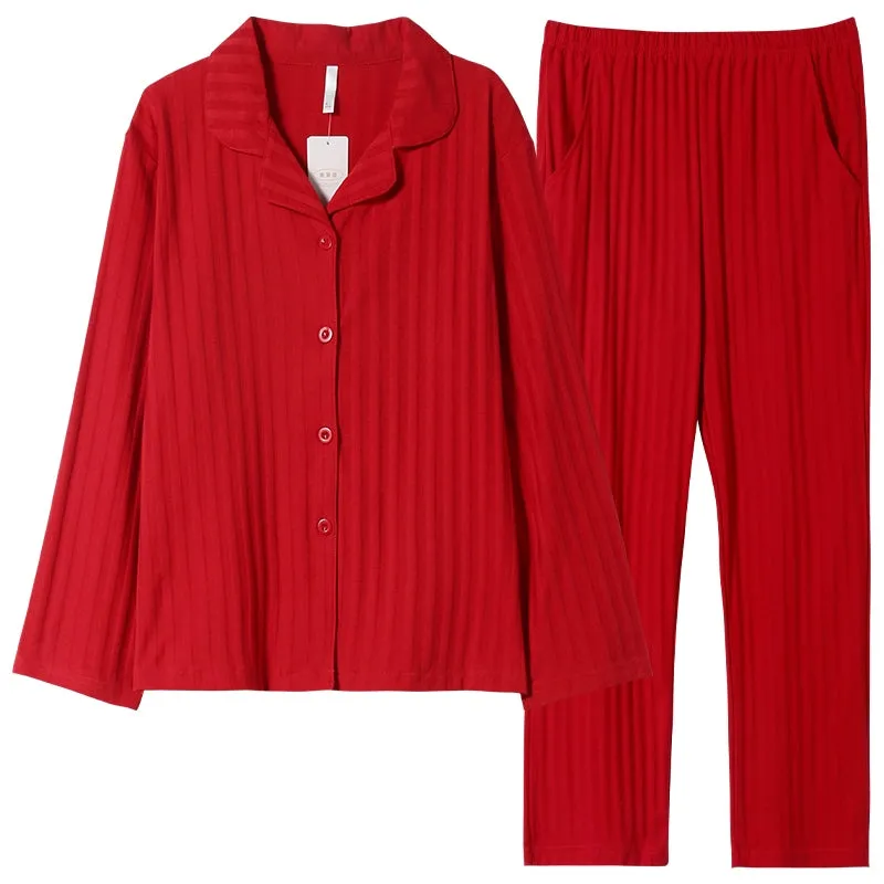 Long-Sleeve Cardigan Beige Stripes Pure Cotton Sleepwear Pajamas
