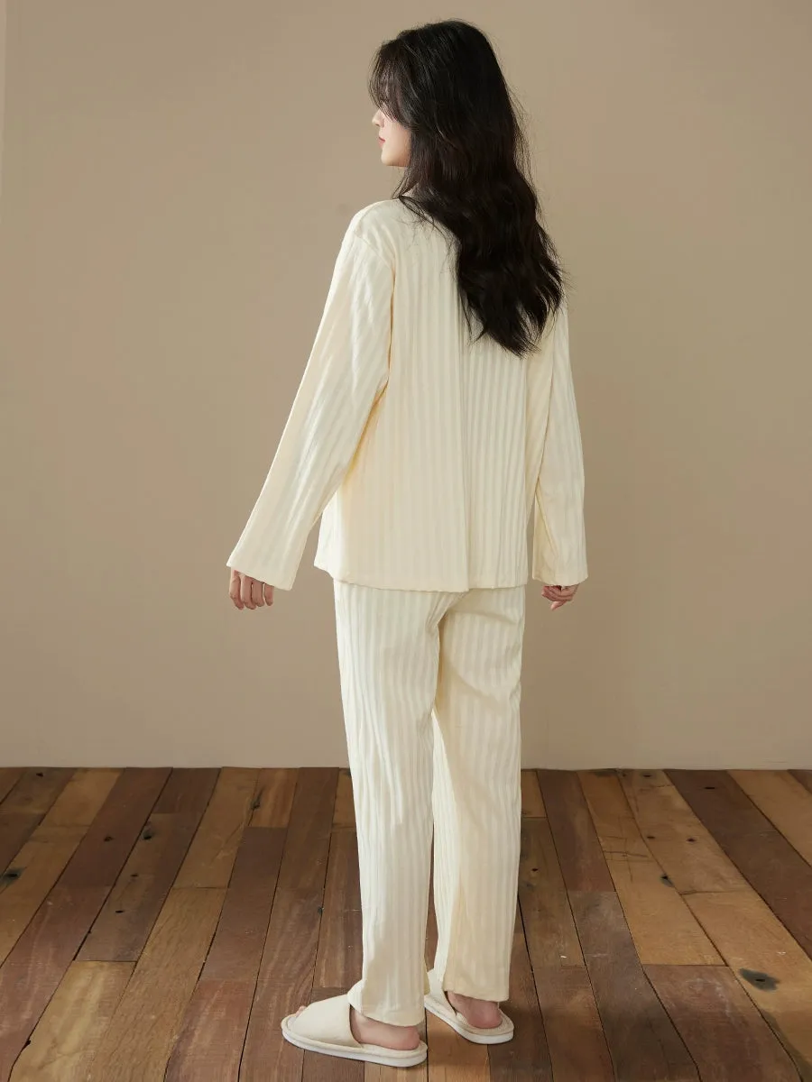Long-Sleeve Cardigan Beige Stripes Pure Cotton Sleepwear Pajamas