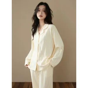 Long-Sleeve Cardigan Beige Stripes Pure Cotton Sleepwear Pajamas