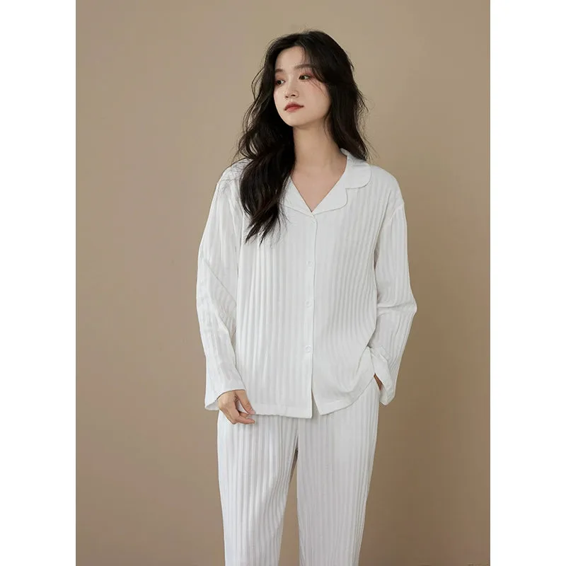 Long-Sleeve Cardigan Beige Stripes Pure Cotton Sleepwear Pajamas