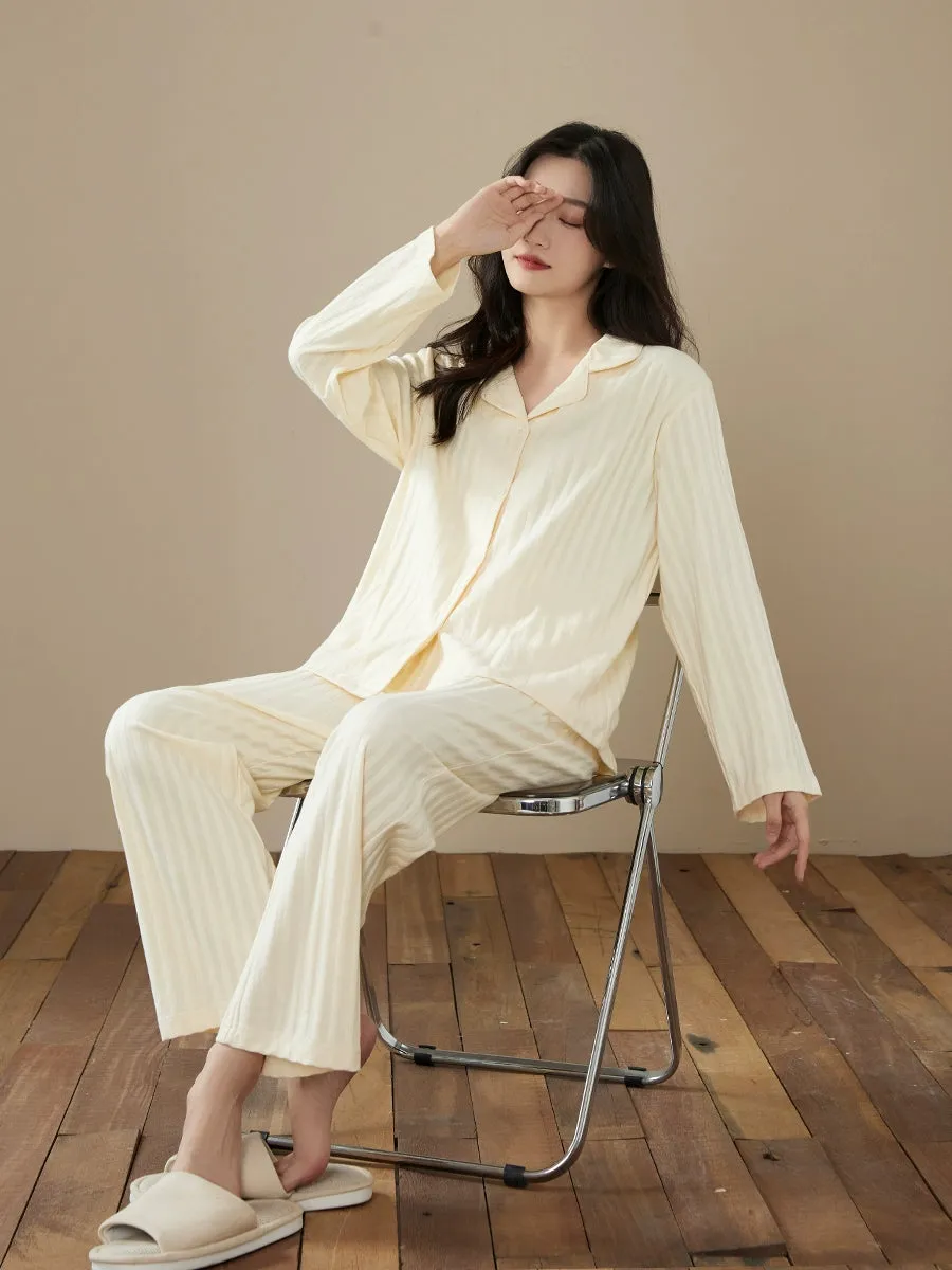 Long-Sleeve Cardigan Beige Stripes Pure Cotton Sleepwear Pajamas