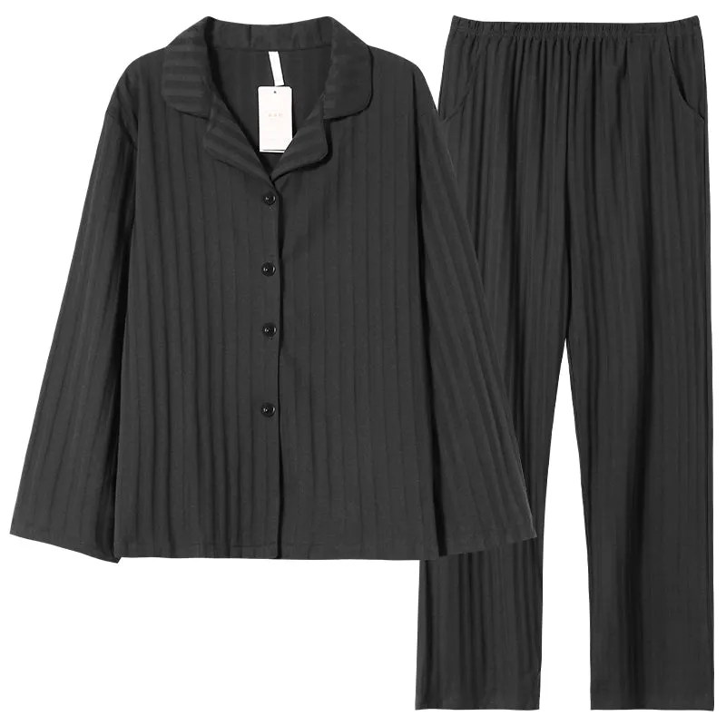 Long-Sleeve Cardigan Beige Stripes Pure Cotton Sleepwear Pajamas