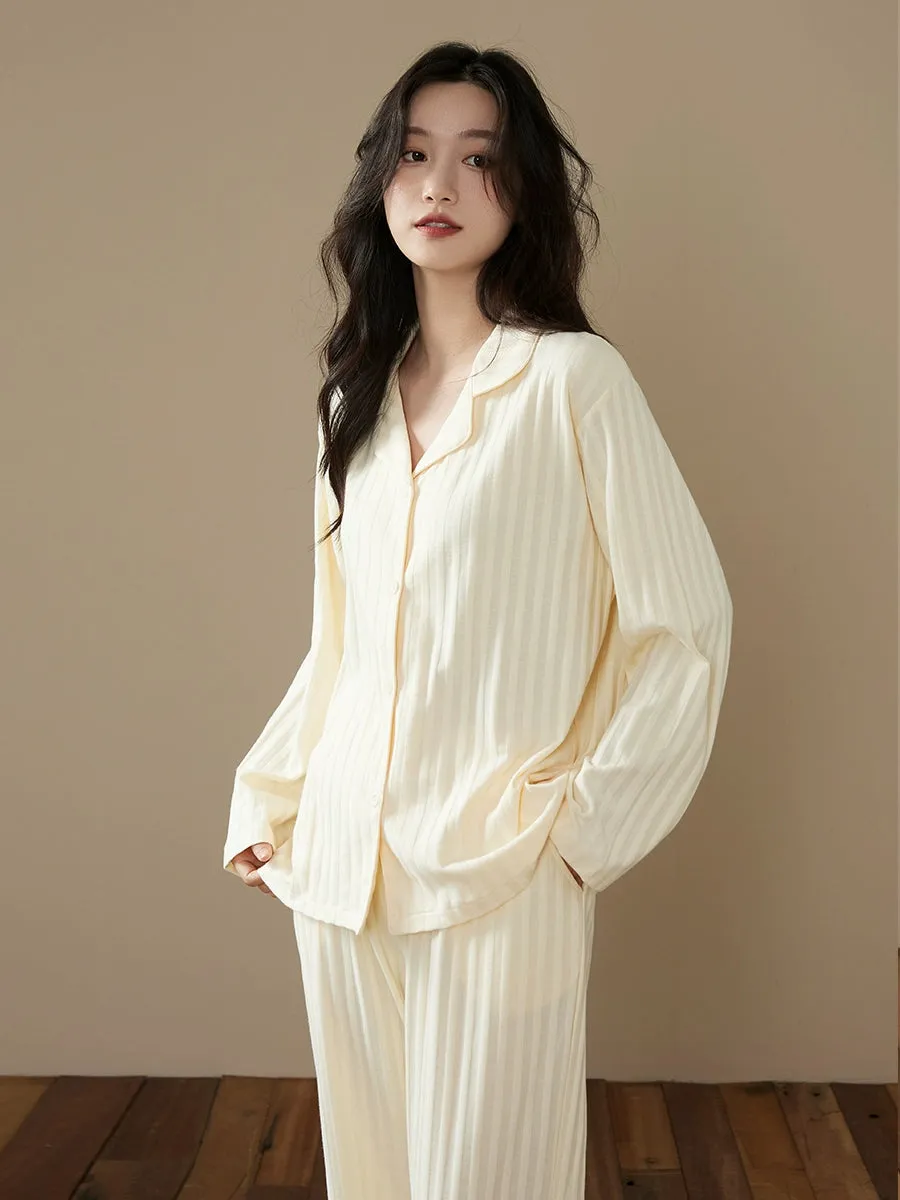 Long-Sleeve Cardigan Beige Stripes Pure Cotton Sleepwear Pajamas