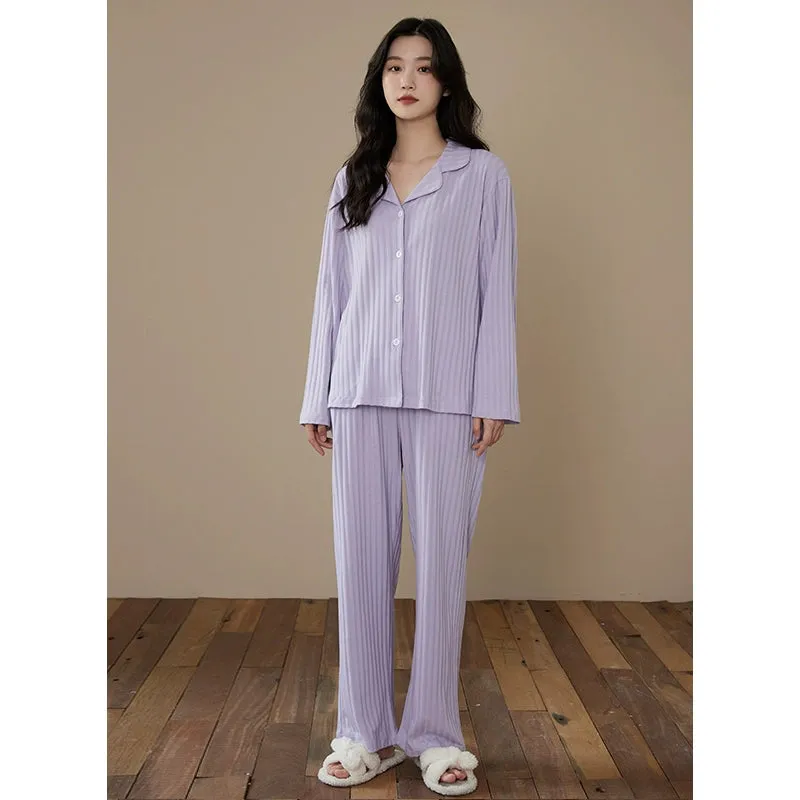 Long-Sleeve Cardigan Beige Stripes Pure Cotton Sleepwear Pajamas