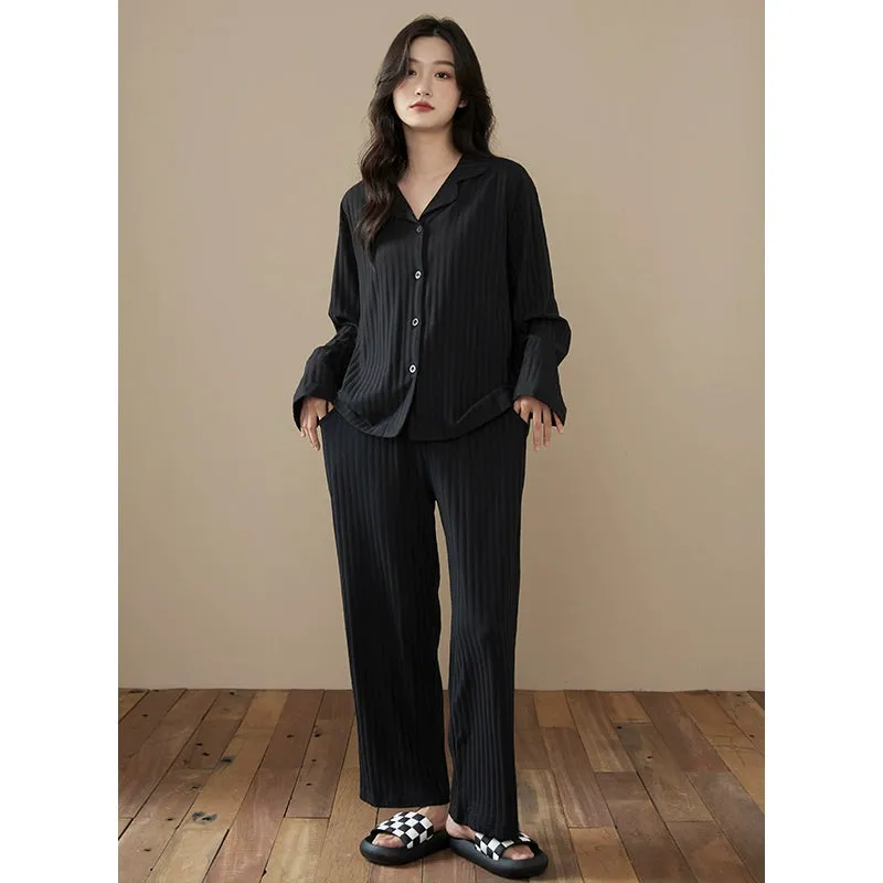 Long-Sleeve Cardigan Beige Stripes Pure Cotton Sleepwear Pajamas