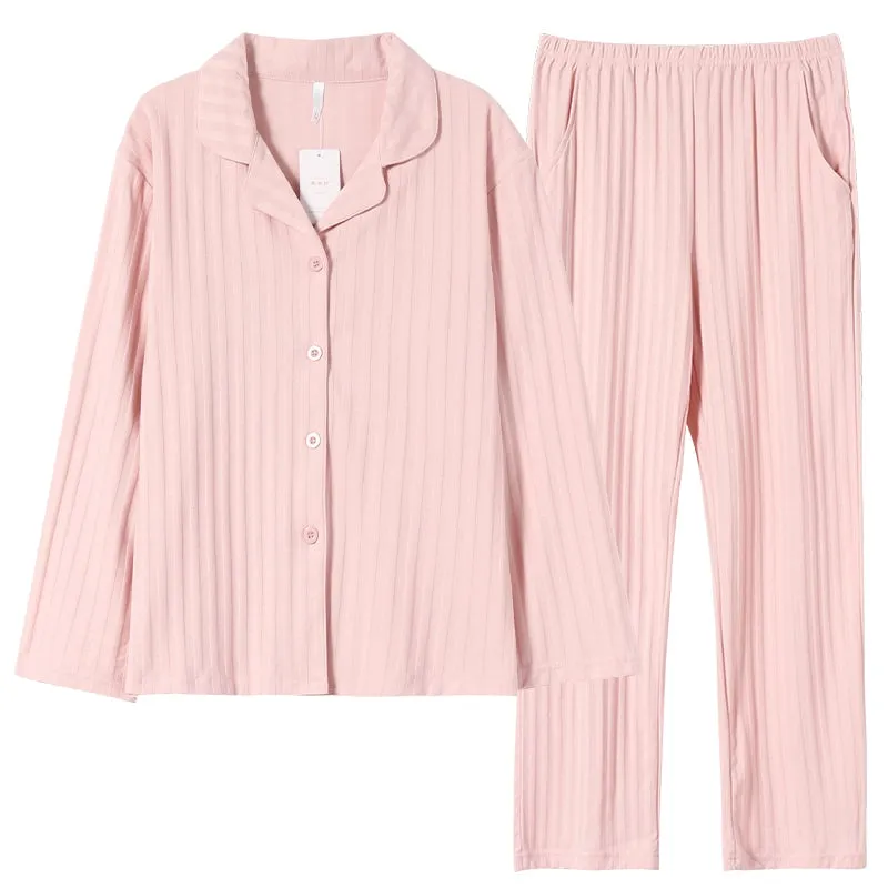Long-Sleeve Cardigan Beige Stripes Pure Cotton Sleepwear Pajamas