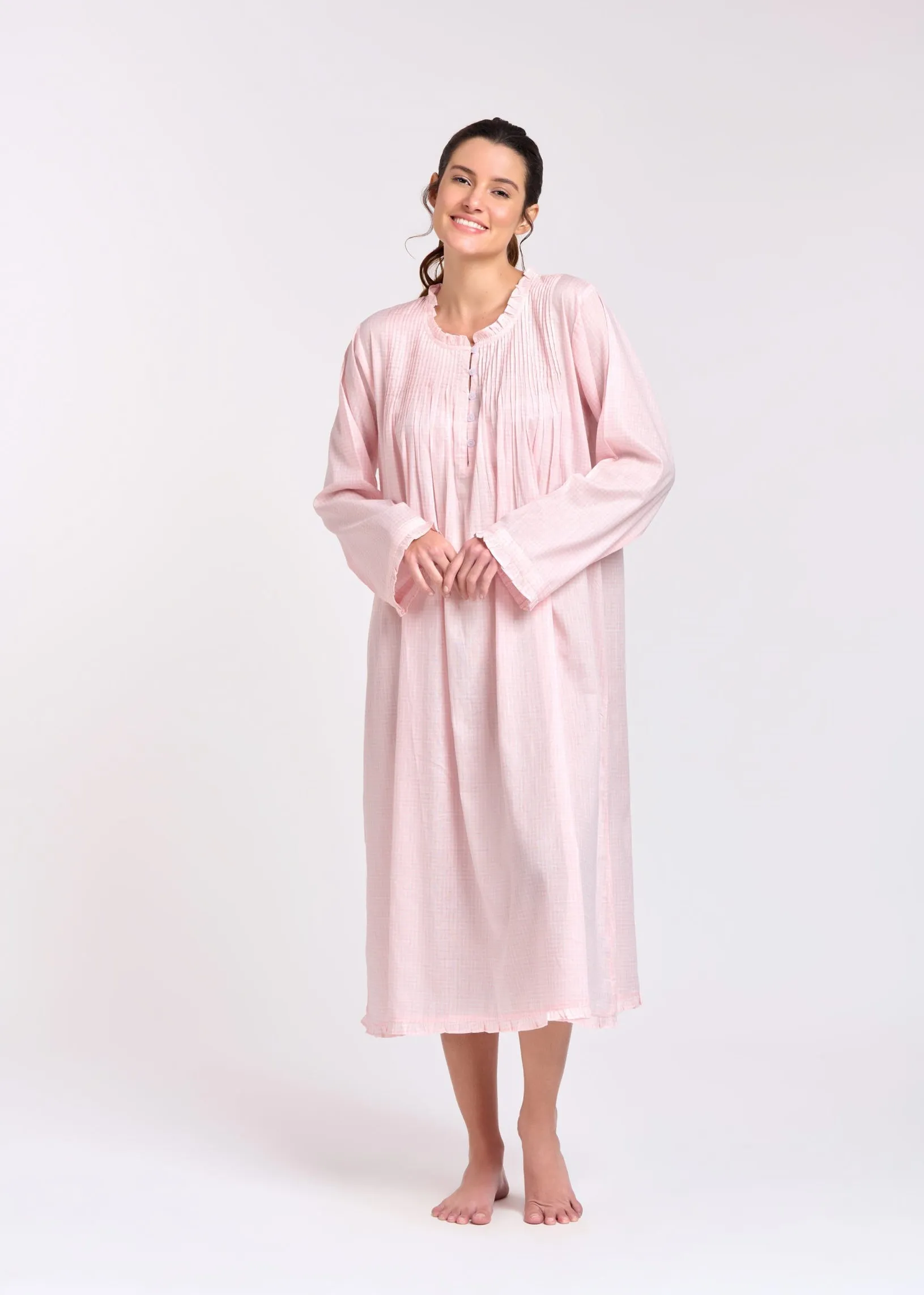 Long Sleeve Nightie - Soft Pink Gingham