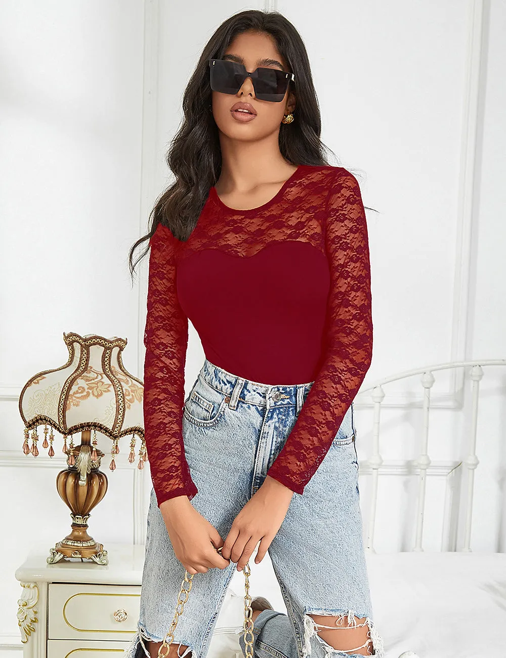 Long Sleeve Openable Crotch Mesh Black Bodysuit