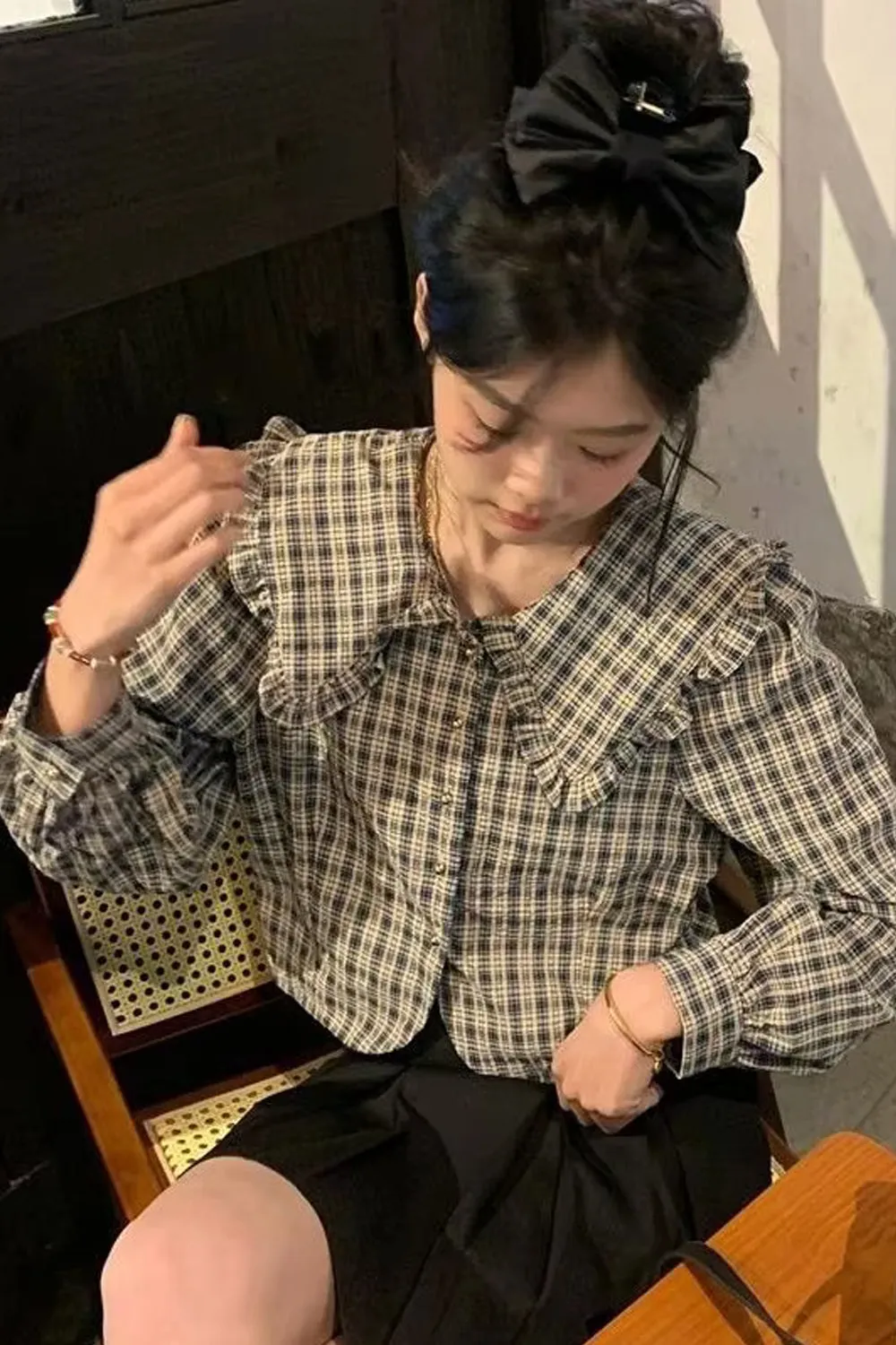Long Sleeve Peter Pan Collar Retro Plaid Cropped Shirt