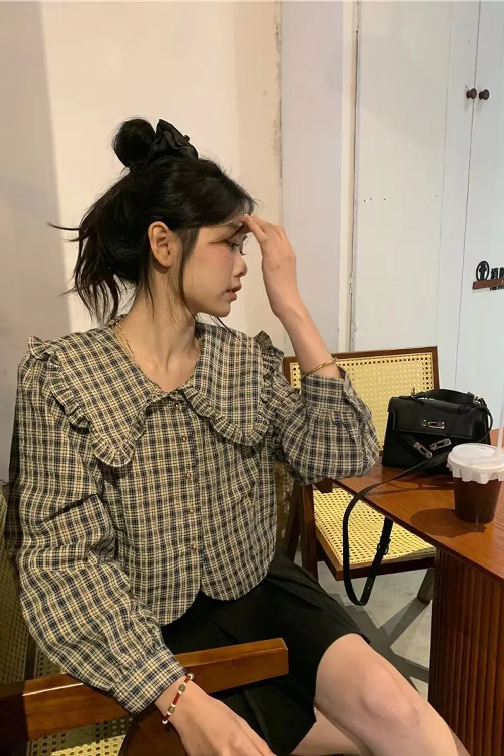 Long Sleeve Peter Pan Collar Retro Plaid Cropped Shirt