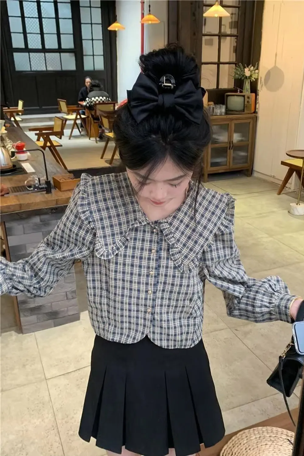 Long Sleeve Peter Pan Collar Retro Plaid Cropped Shirt