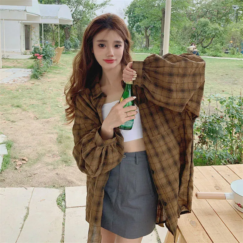 Long Sleeve Plaid Warm Colors Blouse Shirt