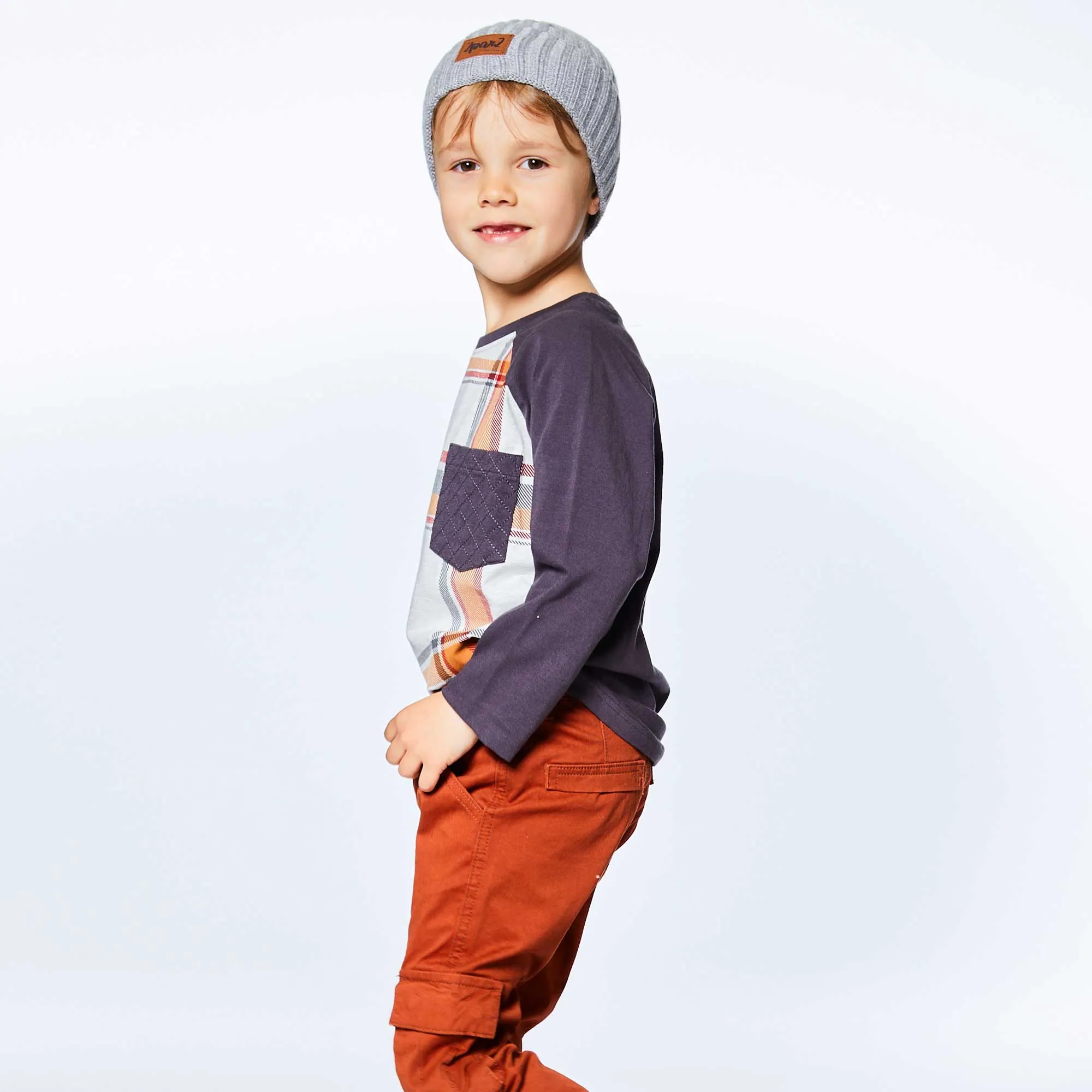 Long Sleeve Raglan Jersey Top With Pocket Plaid