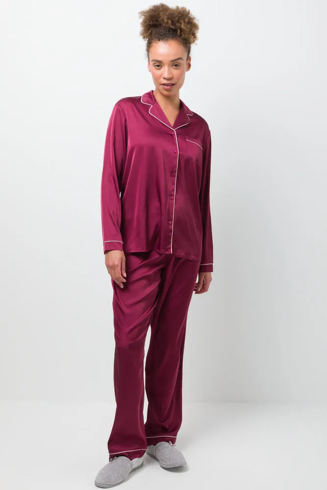 Long Sleeve Satin Button Through Pyjama Set Red
