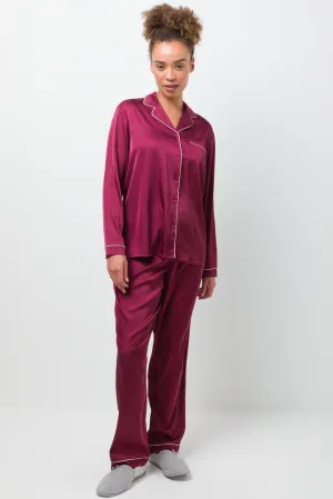 Long Sleeve Satin Button Through Pyjama Set Red