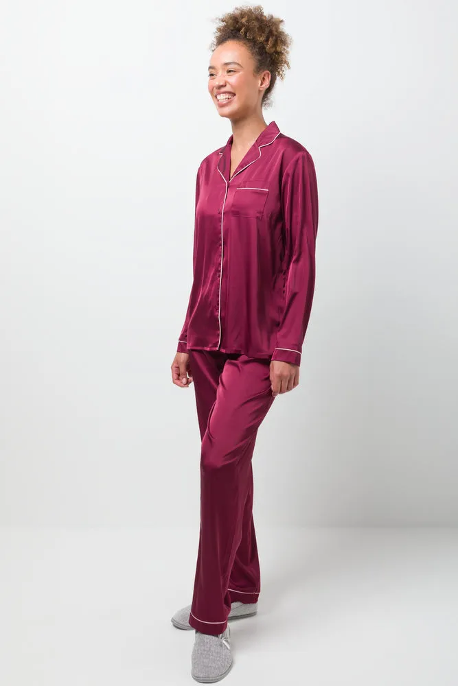 Long Sleeve Satin Button Through Pyjama Set Red