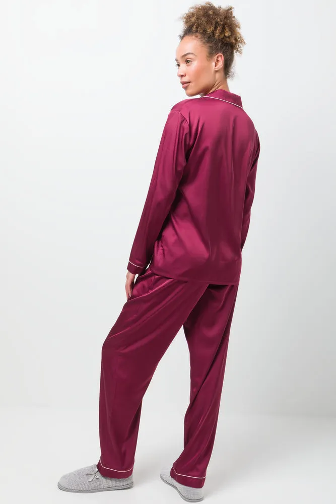 Long Sleeve Satin Button Through Pyjama Set Red