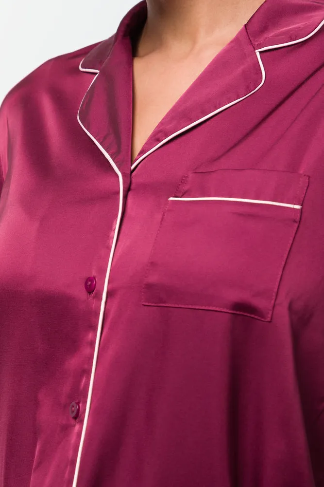 Long Sleeve Satin Button Through Pyjama Set Red