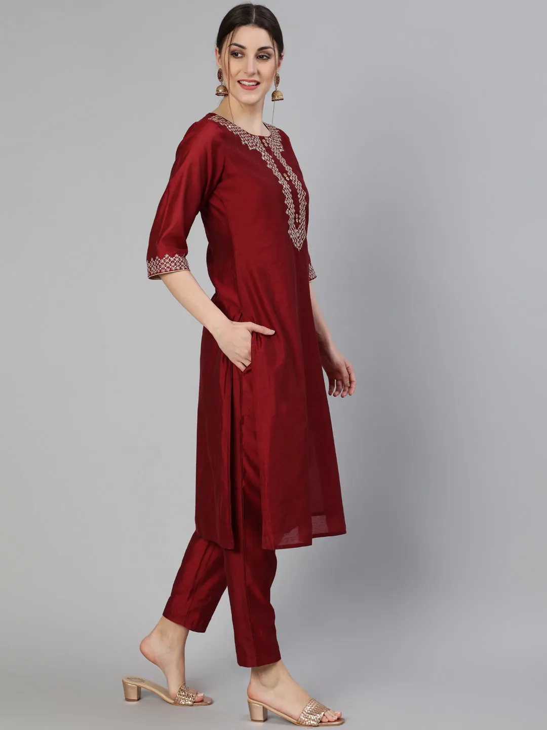 Maroon Chanderi Embroidered Straight Kurta With Pants