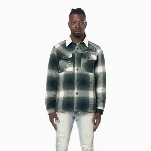 Men's Vegan Leather Collar Plaid Shacket Shirt