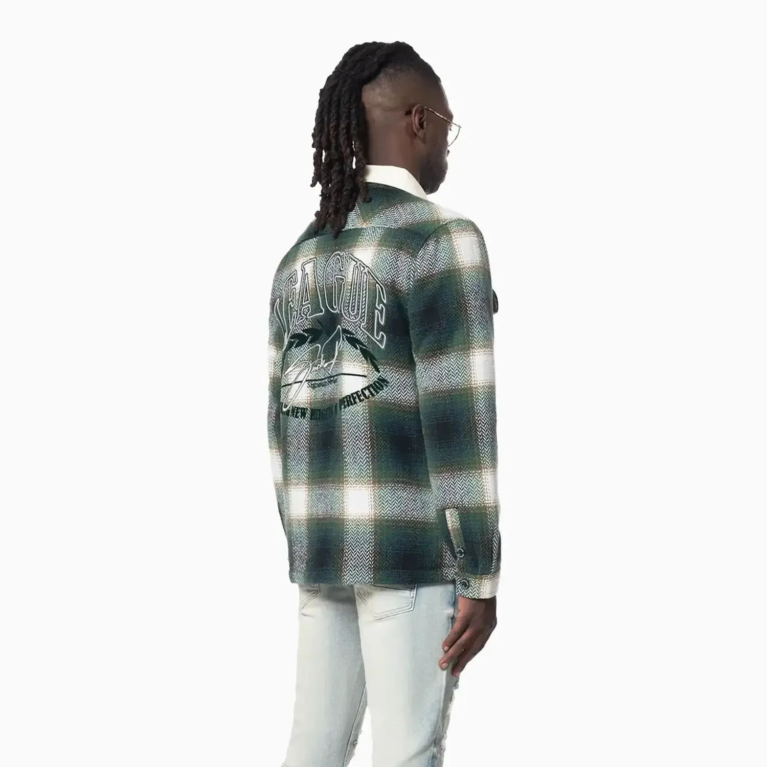 Men's Vegan Leather Collar Plaid Shacket Shirt