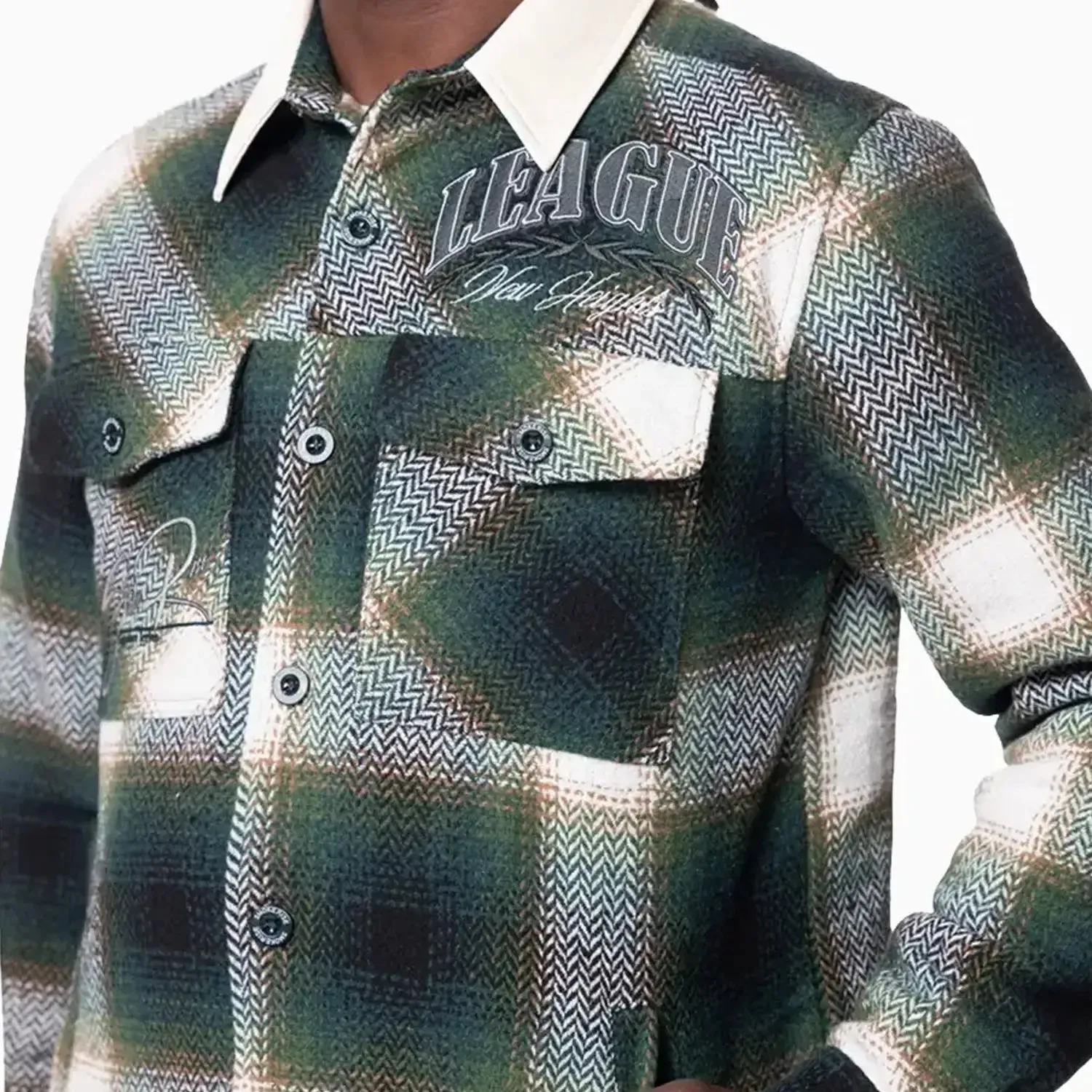 Men's Vegan Leather Collar Plaid Shacket Shirt