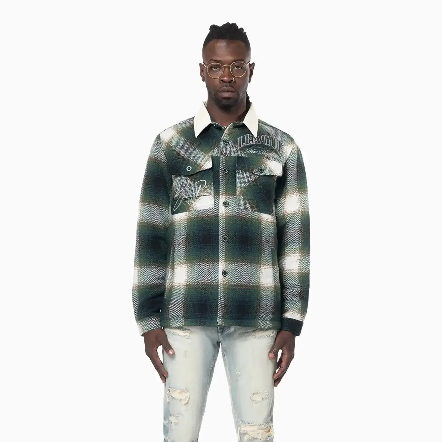Men's Vegan Leather Collar Plaid Shacket Shirt