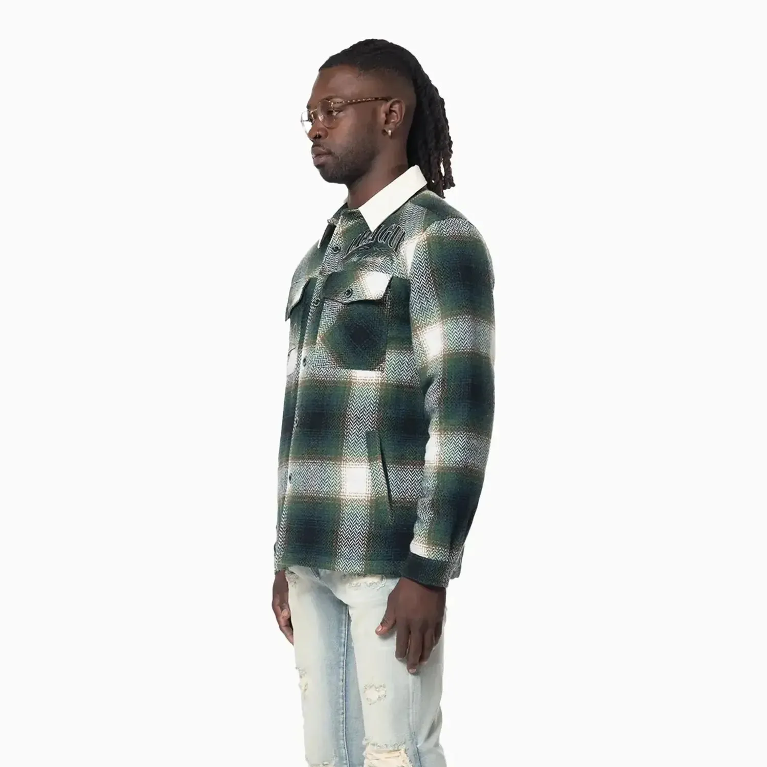 Men's Vegan Leather Collar Plaid Shacket Shirt