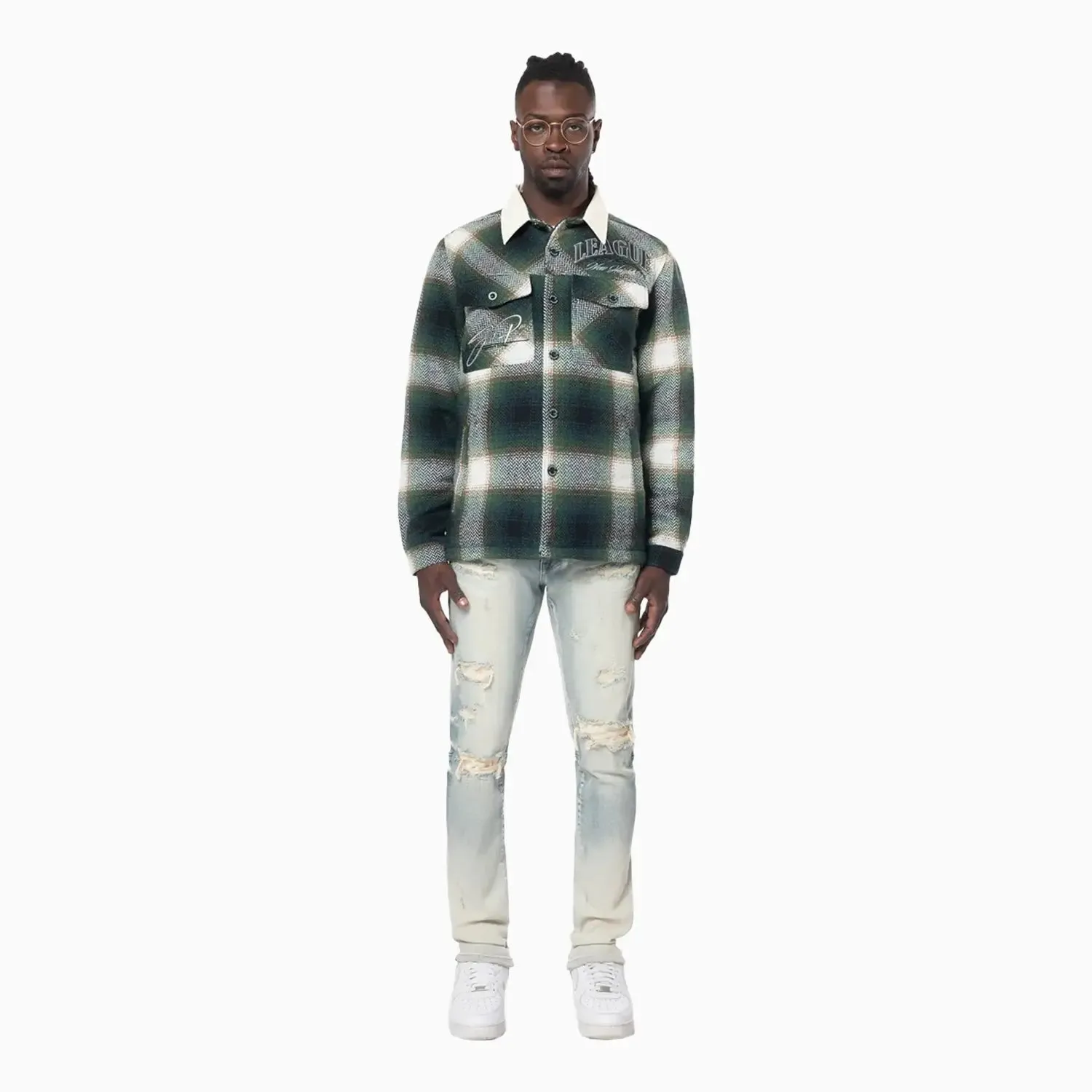Men's Vegan Leather Collar Plaid Shacket Shirt
