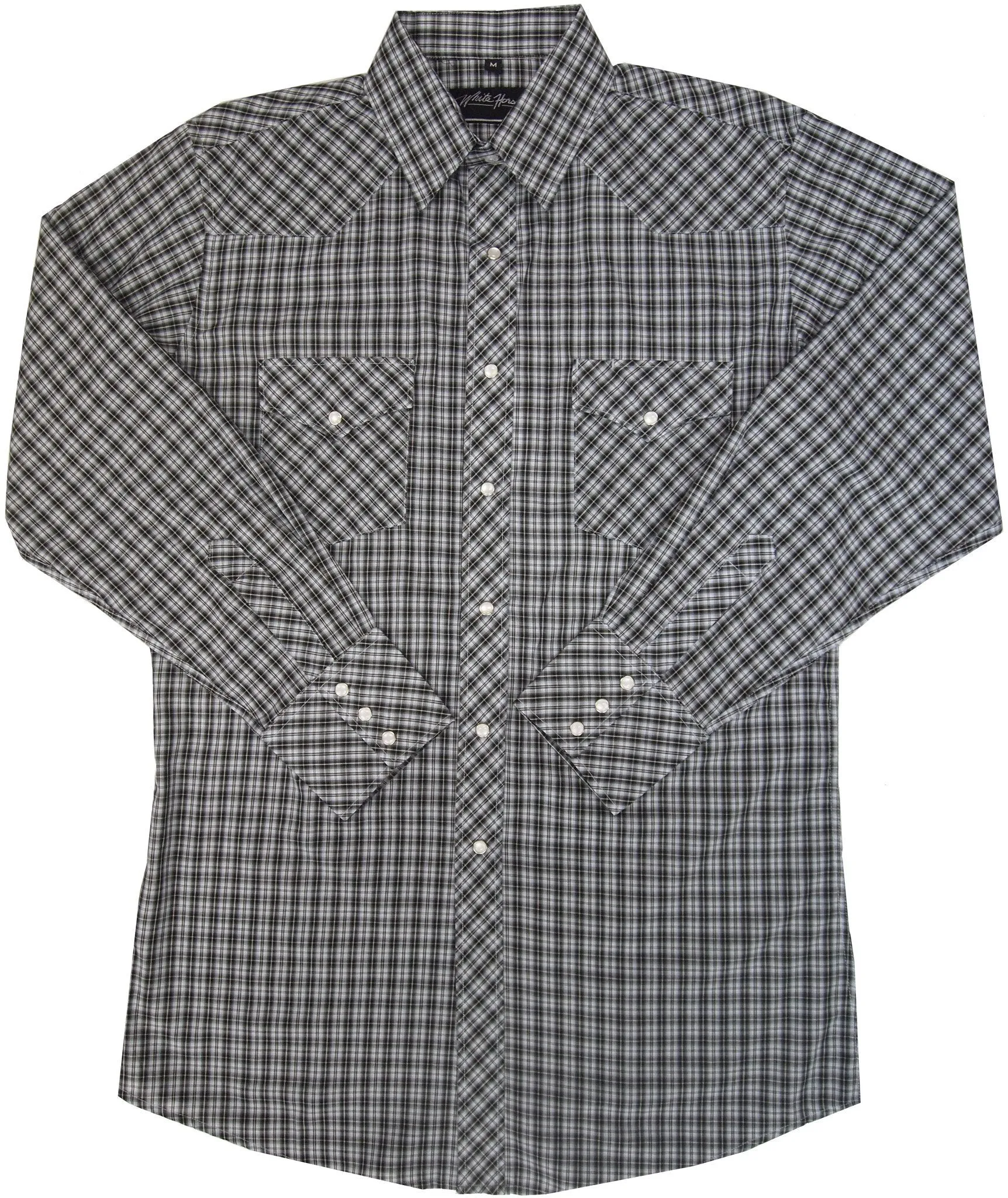 Men's Western Shirt: White Horse Plaid Black White