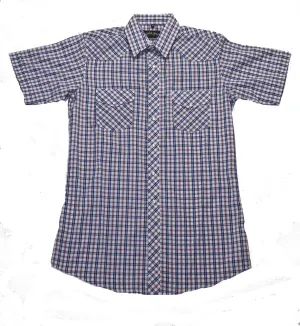 Men's Western Shirt: White Horse Short Sleeve Plaid Blue Red