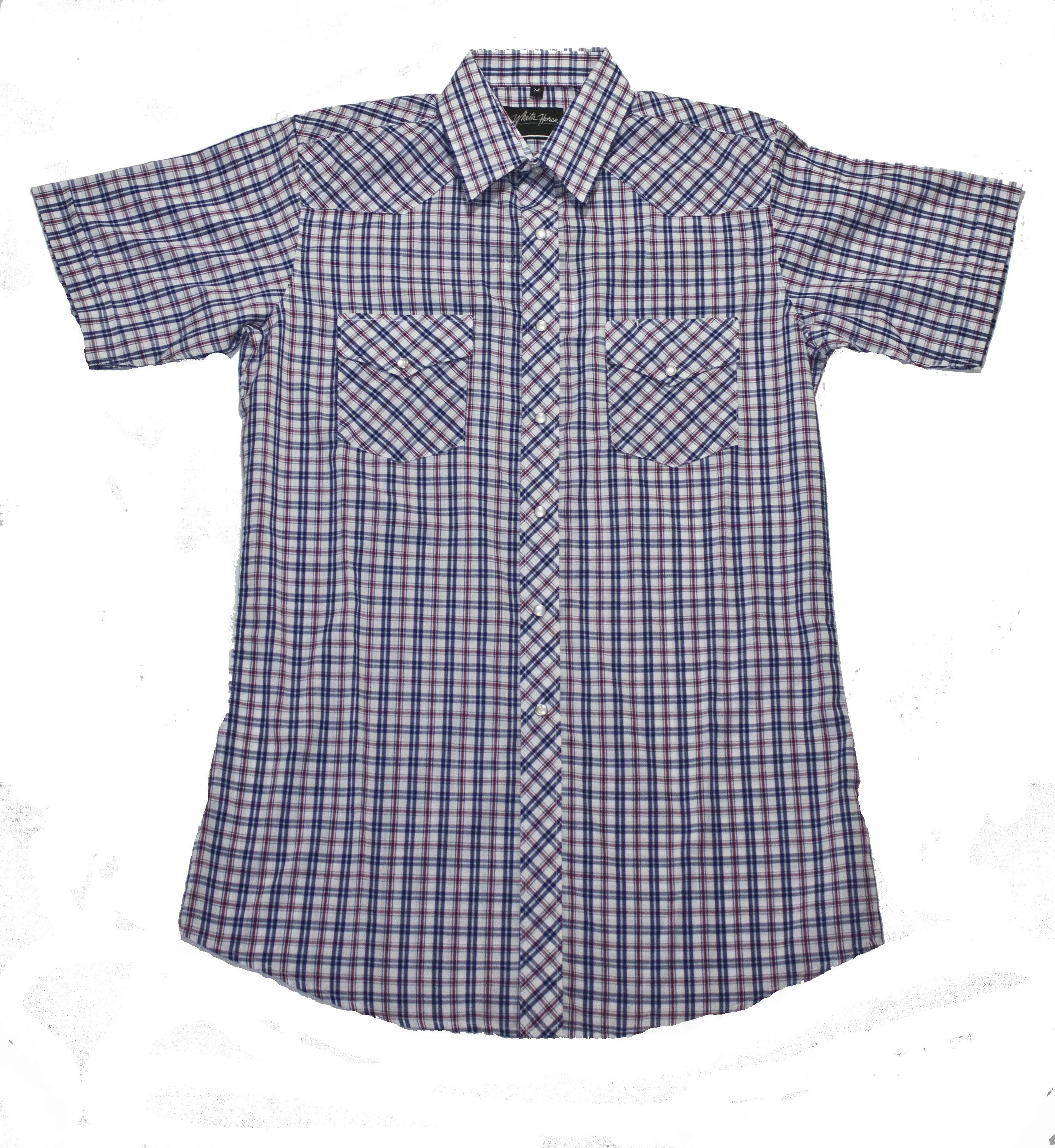 Men's Western Shirt: White Horse Short Sleeve Plaid Blue Red